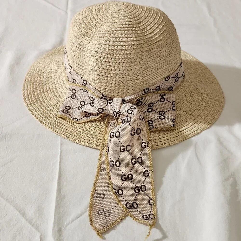 GO Women's Straw Floppy Foldable Wide Brim Bow Embellished Hat Summer Beach Walk